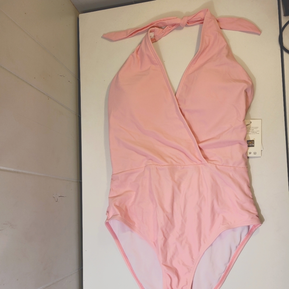 GRACE KARIN HALTER TOP ONE PIECE SWIMSUIT PINK SIZE MEDIUM NWT